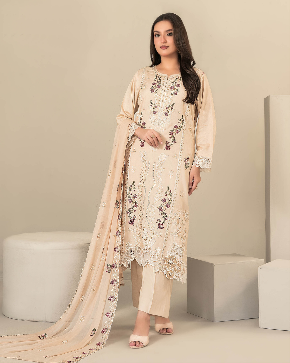 Viscose Cut Dana Embroidered Suit with Chiffon Dupatta