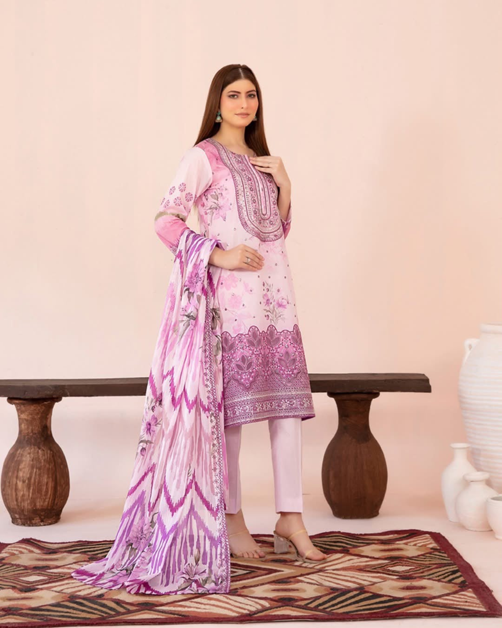3-Piece Embroidered Lawn Suit with Embroidered Dupatta
