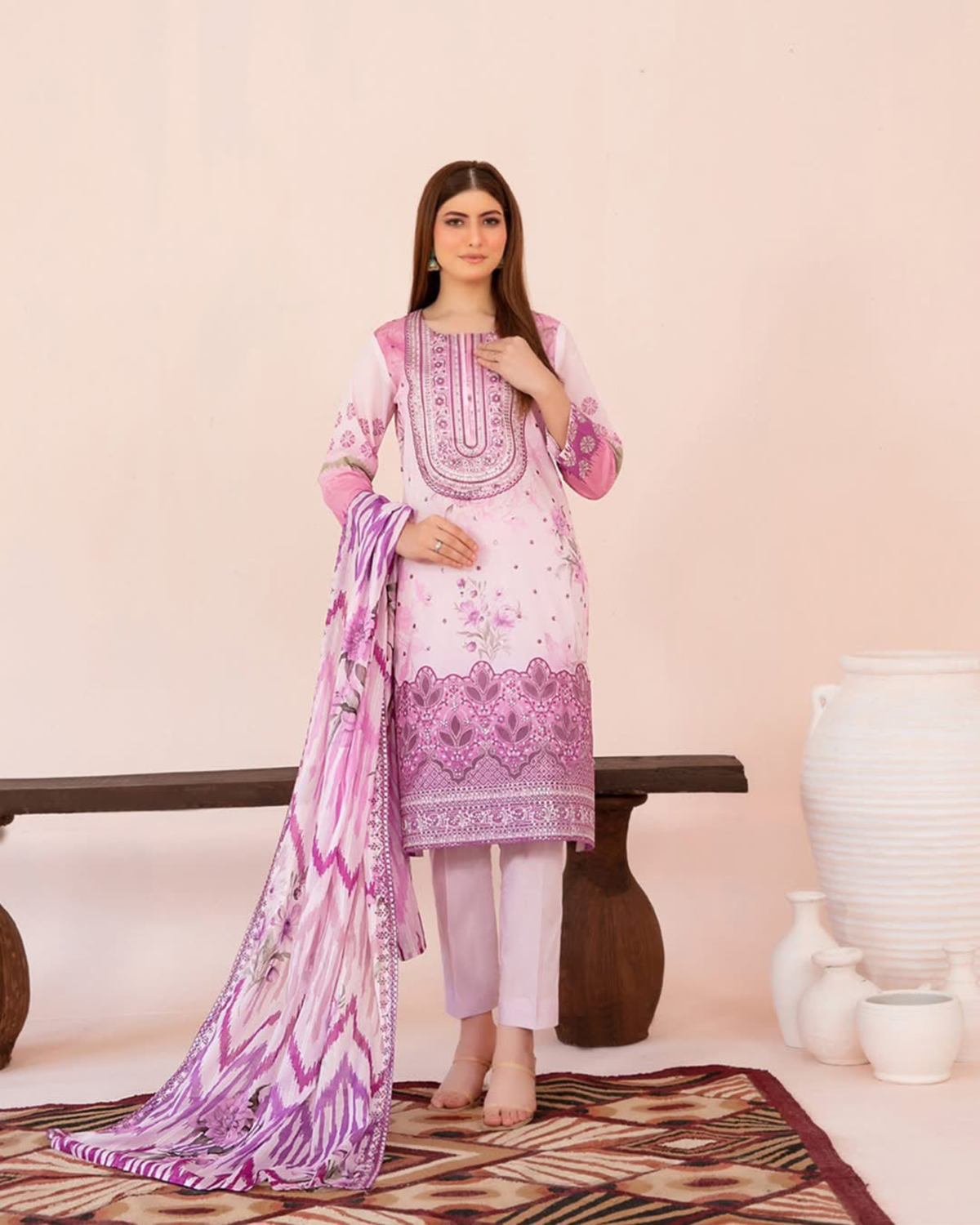 3-Piece Embroidered Lawn Suit with Embroidered Dupatta