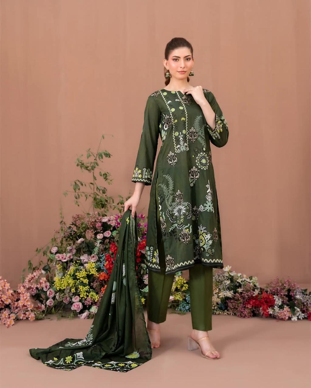Eshe 3-Piece Embroidered Lawn by Tawakkal (D-001)